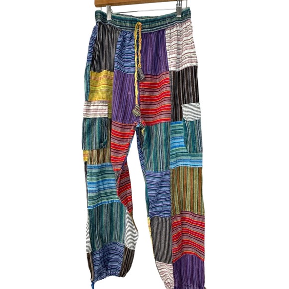 Rising International Patchwork Pants Striped Cotton Boho Hippie Colorful Artsy L - Picture 1 of 12